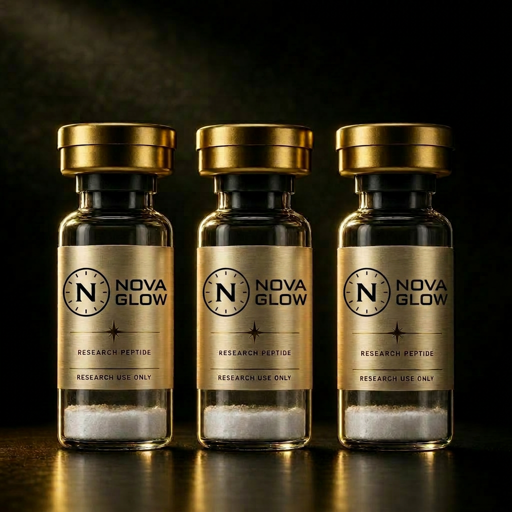 Three NOVA GLOW research peptide vials with gold caps