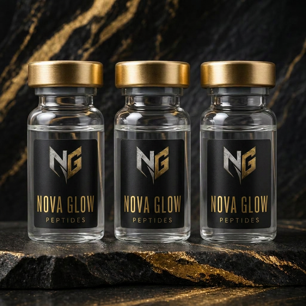 Three NOVA GLOW research peptide vials with gold caps