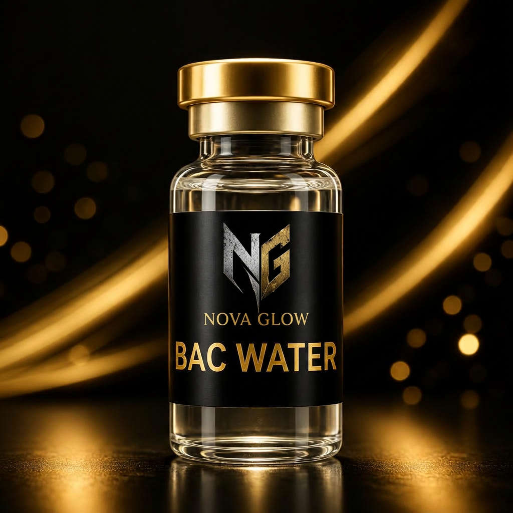 BAC WATER glass vial with NOVA GLOW label