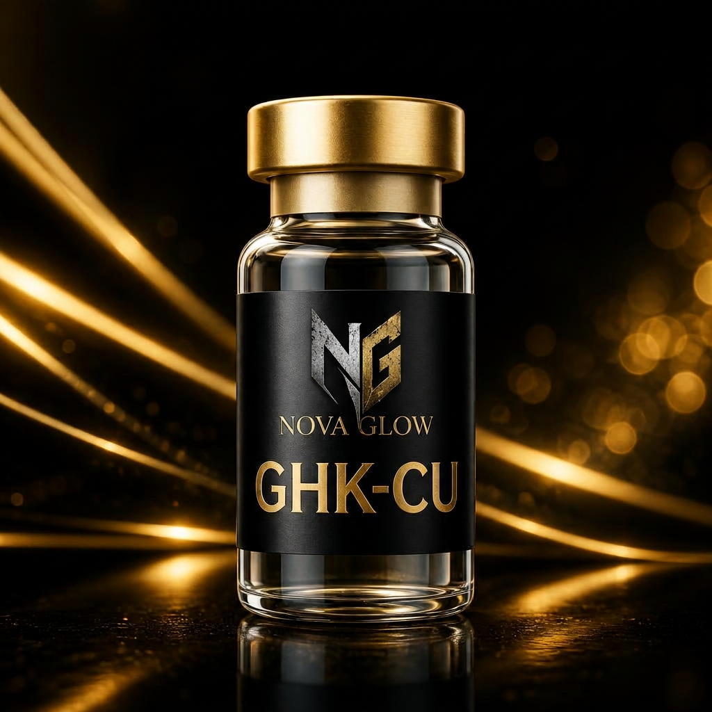 GHK-CU glass vial with NOVA GLOW label