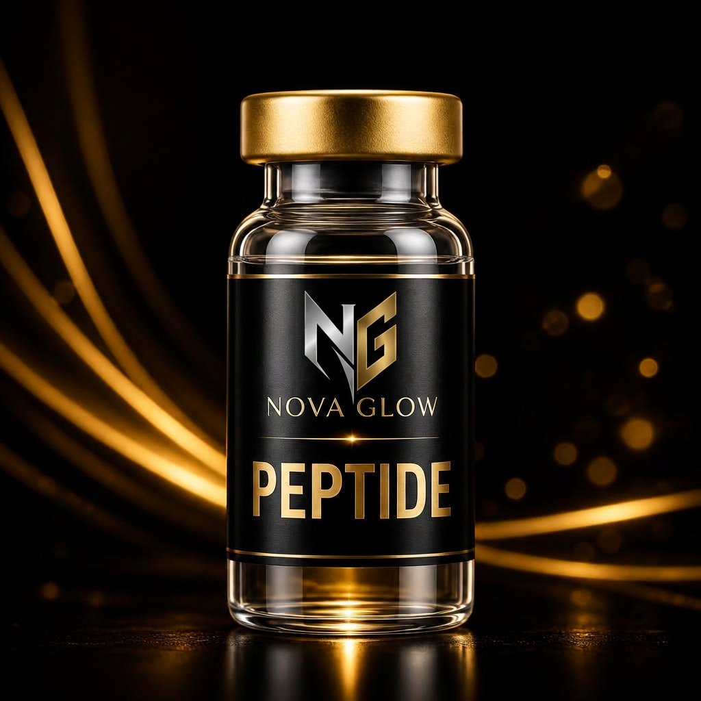 PEPTIDE glass vial with NOVA GLOW label