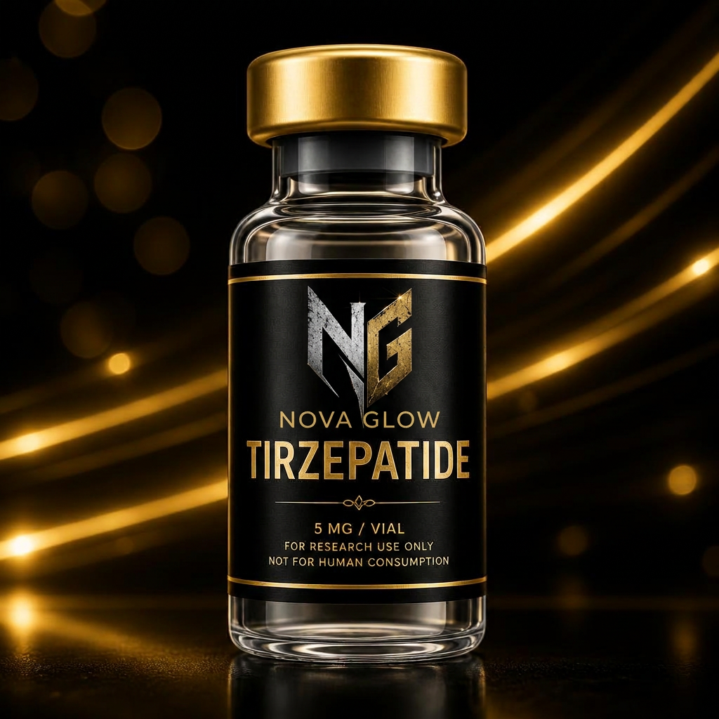TIRZEPATIDE glass vial with NOVA GLOW label
